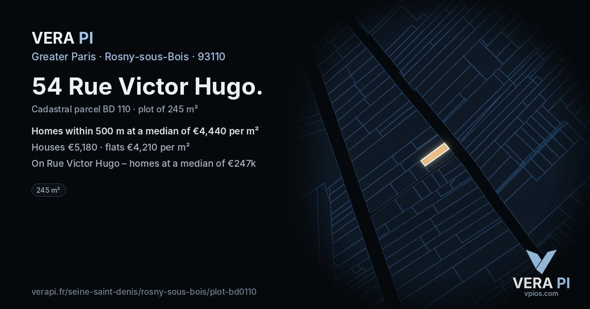 54 Rue Victor Hugo, Rosny-sous-Bois at night – the plot lit, the parcels around coloured by the prices near them