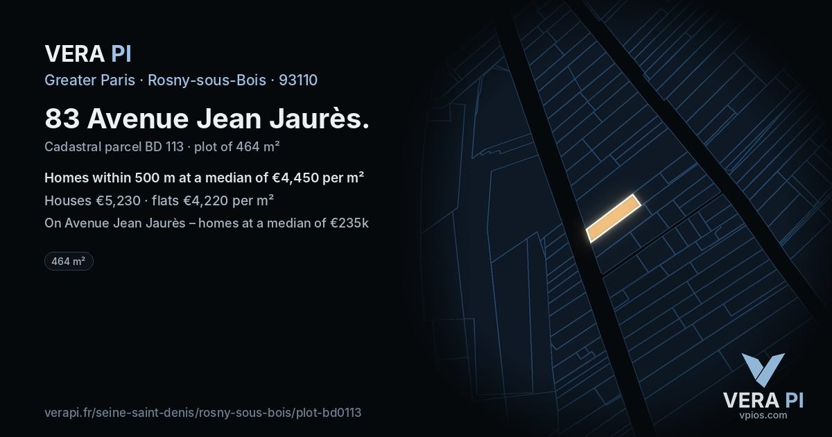 83 Avenue Jean Jaurès, Rosny-sous-Bois at night – the plot lit, the parcels around coloured by the prices near them