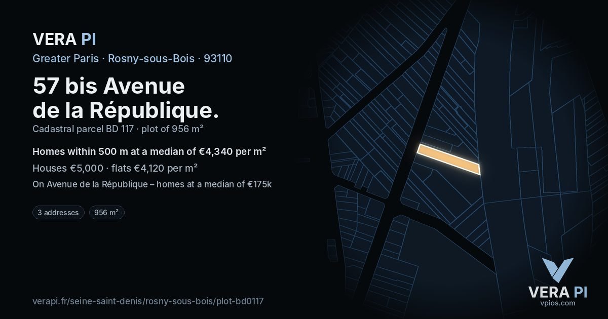 57 bis Avenue de la République, Rosny-sous-Bois at night – the plot lit, the parcels around coloured by the prices near them