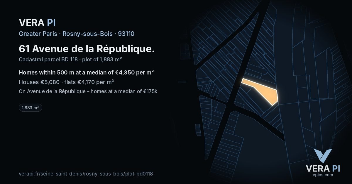 61 Avenue de la République, Rosny-sous-Bois at night – the plot lit, the parcels around coloured by the prices near them