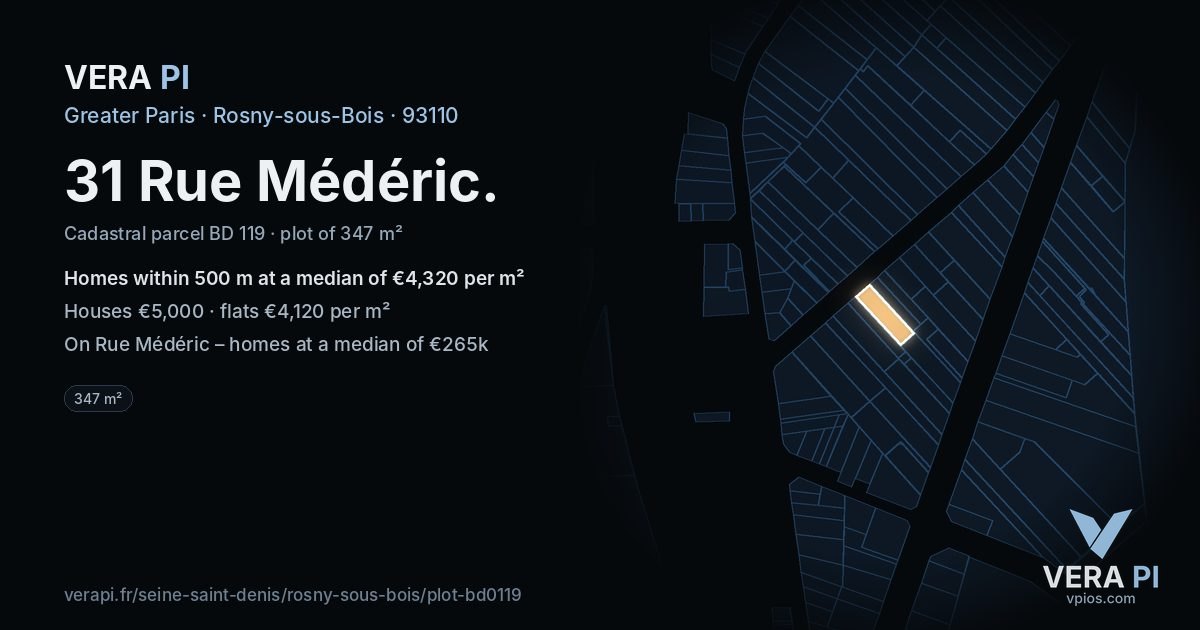 31 Rue Médéric, Rosny-sous-Bois at night – the plot lit, the parcels around coloured by the prices near them