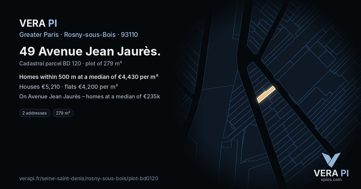 49 Avenue Jean Jaurès, Rosny-sous-Bois at night – the plot lit, the parcels around coloured by the prices near them