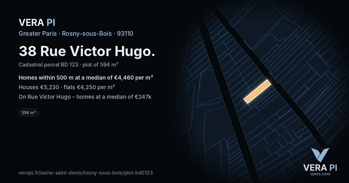 38 Rue Victor Hugo, Rosny-sous-Bois at night – the plot lit, the parcels around coloured by the prices near them