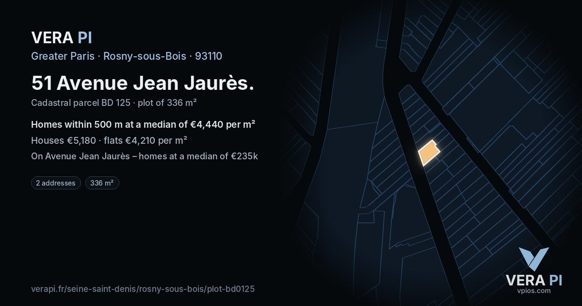 51 Avenue Jean Jaurès, Rosny-sous-Bois at night – the plot lit, the parcels around coloured by the prices near them