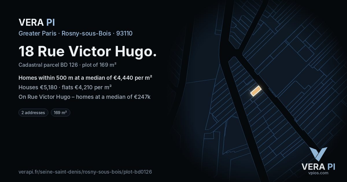 18 Rue Victor Hugo, Rosny-sous-Bois at night – the plot lit, the parcels around coloured by the prices near them