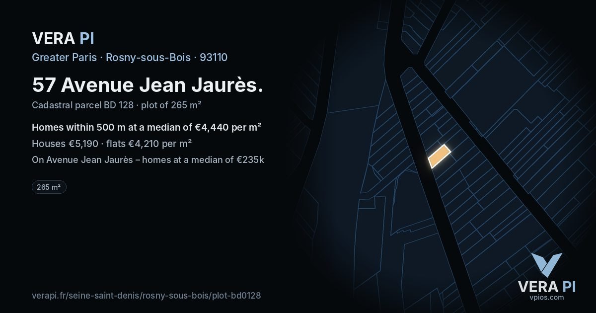 57 Avenue Jean Jaurès, Rosny-sous-Bois at night – the plot lit, the parcels around coloured by the prices near them