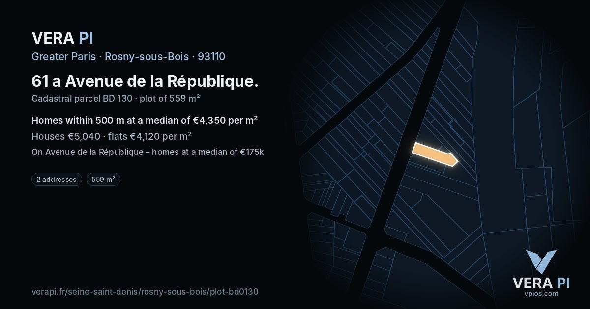 61 a Avenue de la République, Rosny-sous-Bois at night – the plot lit, the parcels around coloured by the prices near them