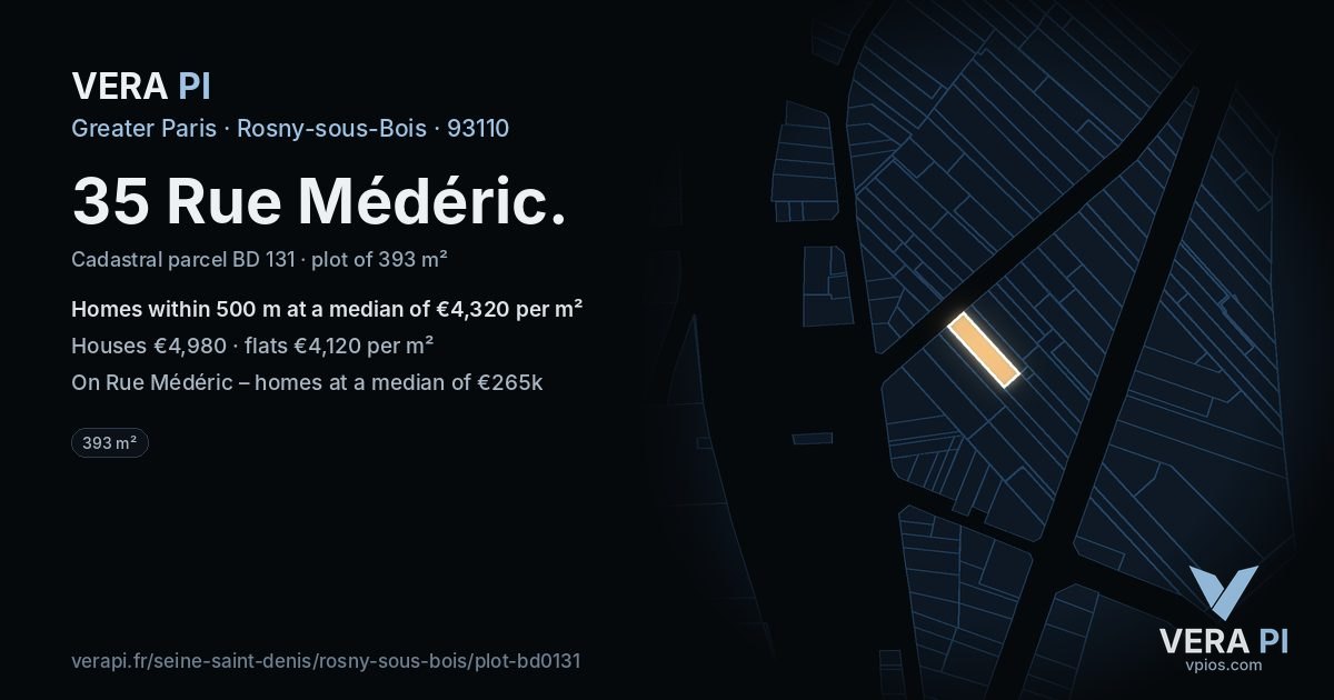 35 Rue Médéric, Rosny-sous-Bois at night – the plot lit, the parcels around coloured by the prices near them