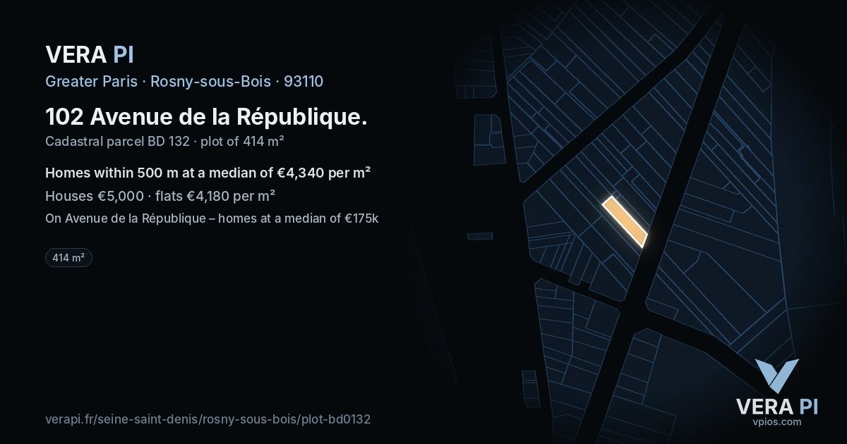 102 Avenue de la République, Rosny-sous-Bois at night – the plot lit, the parcels around coloured by the prices near them