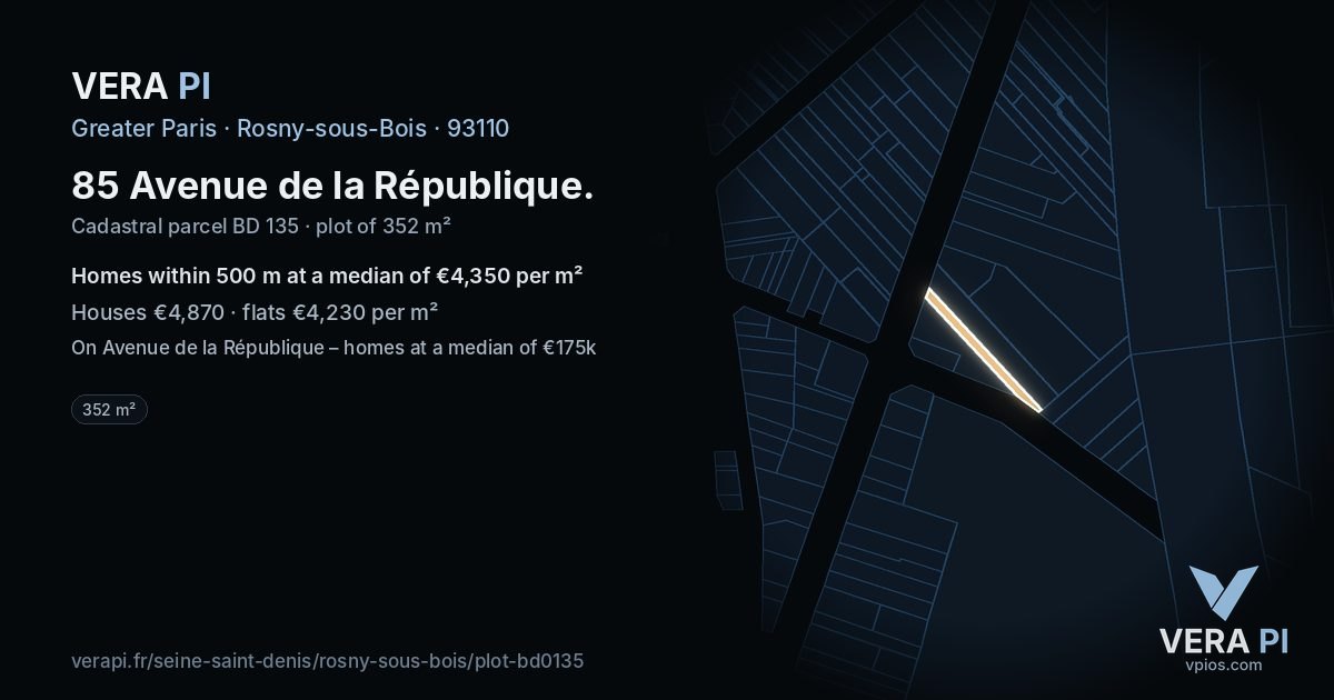 85 Avenue de la République, Rosny-sous-Bois at night – the plot lit, the parcels around coloured by the prices near them