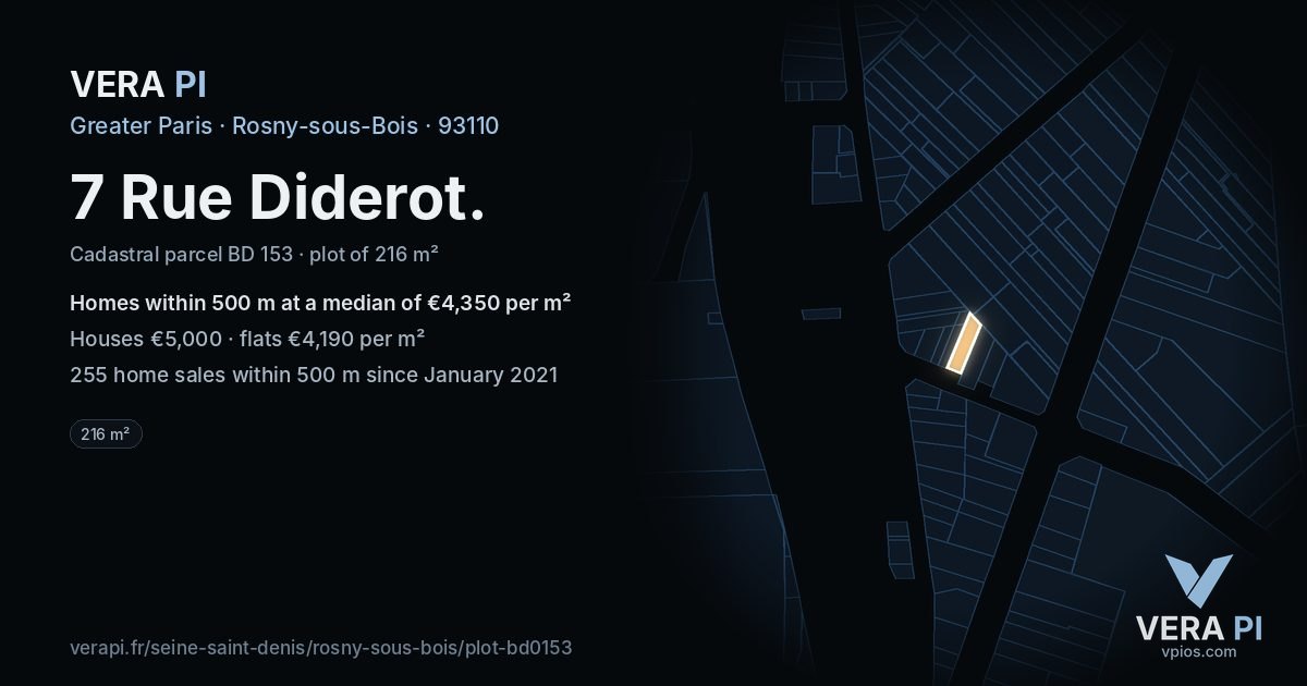 7 Rue Diderot, Rosny-sous-Bois at night – the plot lit, the parcels around coloured by the prices near them
