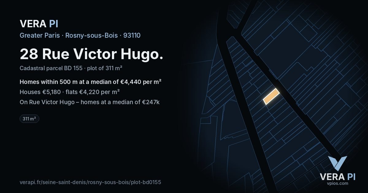 28 Rue Victor Hugo, Rosny-sous-Bois at night – the plot lit, the parcels around coloured by the prices near them