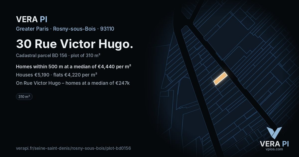 30 Rue Victor Hugo, Rosny-sous-Bois at night – the plot lit, the parcels around coloured by the prices near them