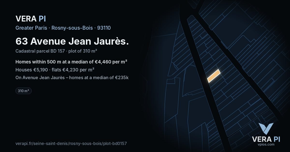 63 Avenue Jean Jaurès, Rosny-sous-Bois at night – the plot lit, the parcels around coloured by the prices near them