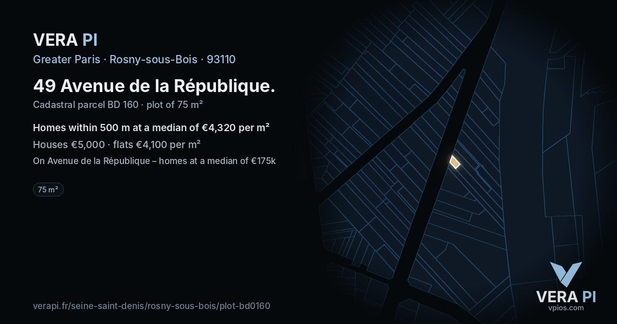 49 Avenue de la République, Rosny-sous-Bois at night – the plot lit, the parcels around coloured by the prices near them