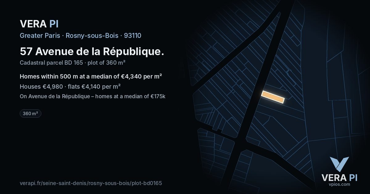 57 Avenue de la République, Rosny-sous-Bois at night – the plot lit, the parcels around coloured by the prices near them