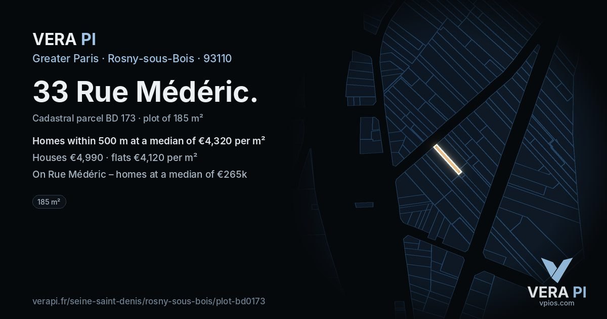 33 Rue Médéric, Rosny-sous-Bois at night – the plot lit, the parcels around coloured by the prices near them