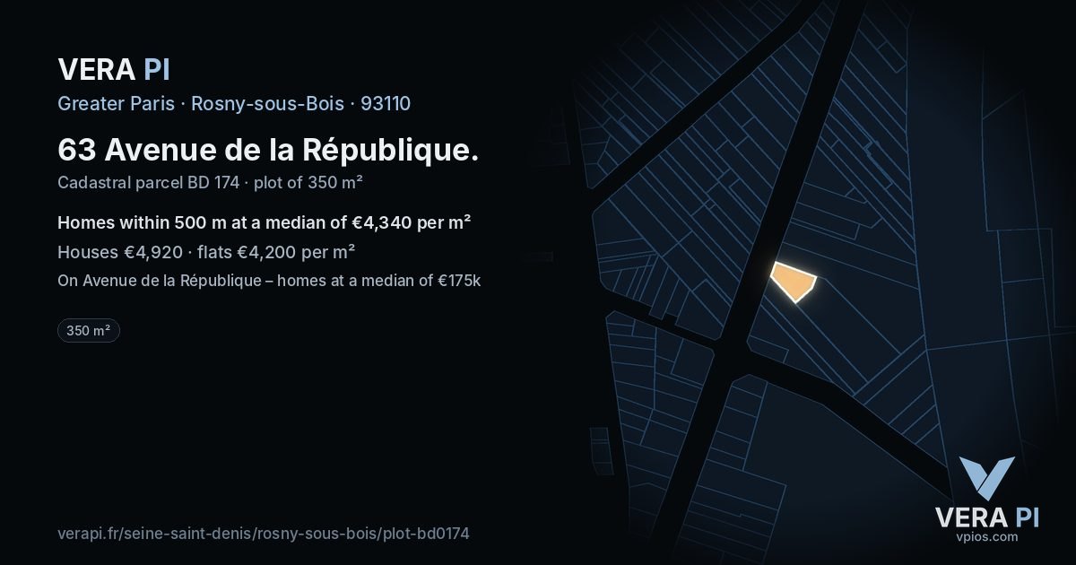 63 Avenue de la République, Rosny-sous-Bois at night – the plot lit, the parcels around coloured by the prices near them