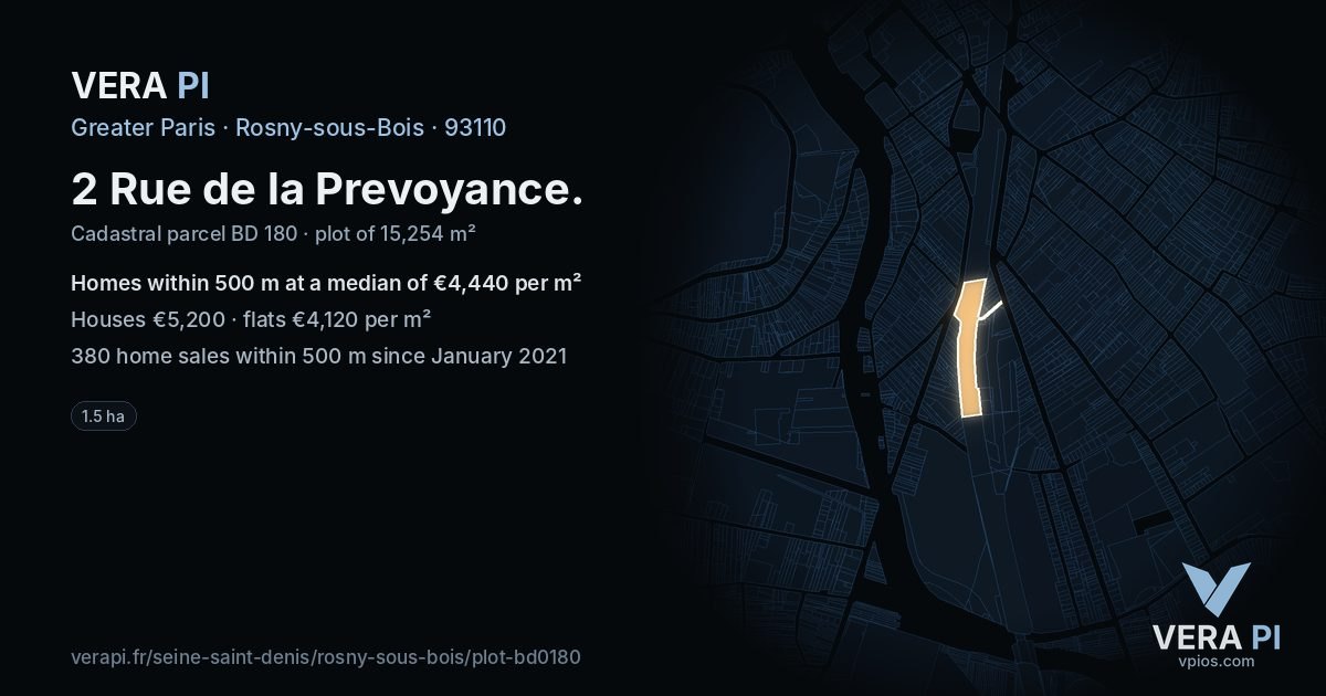 2 Rue de la Prevoyance, Rosny-sous-Bois at night – the plot lit, the parcels around coloured by the prices near them