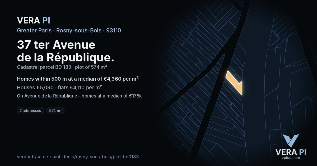 37 ter Avenue de la République, Rosny-sous-Bois at night – the plot lit, the parcels around coloured by the prices near them