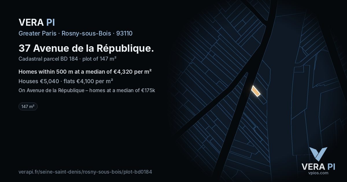 37 Avenue de la République, Rosny-sous-Bois at night – the plot lit, the parcels around coloured by the prices near them
