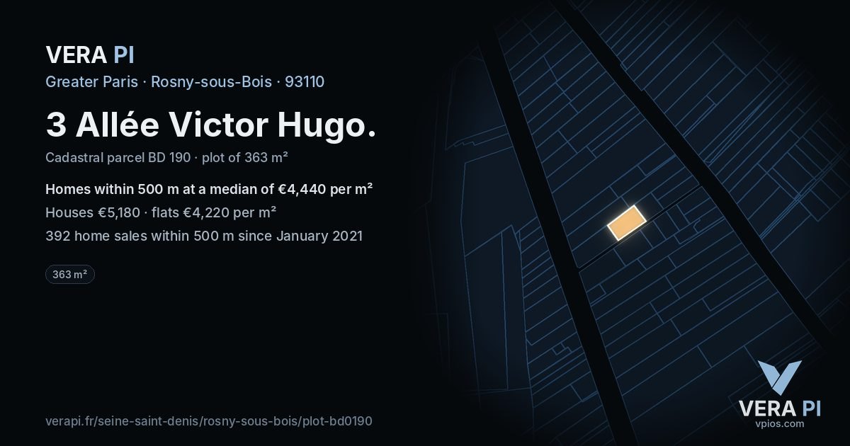 3 Allée Victor Hugo, Rosny-sous-Bois at night – the plot lit, the parcels around coloured by the prices near them