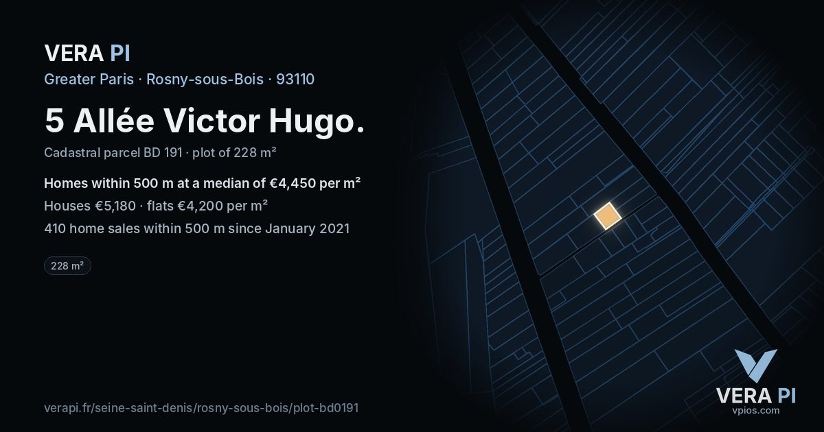 5 Allée Victor Hugo, Rosny-sous-Bois at night – the plot lit, the parcels around coloured by the prices near them