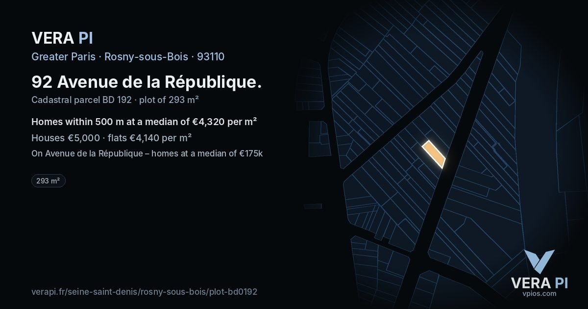 92 Avenue de la République, Rosny-sous-Bois at night – the plot lit, the parcels around coloured by the prices near them