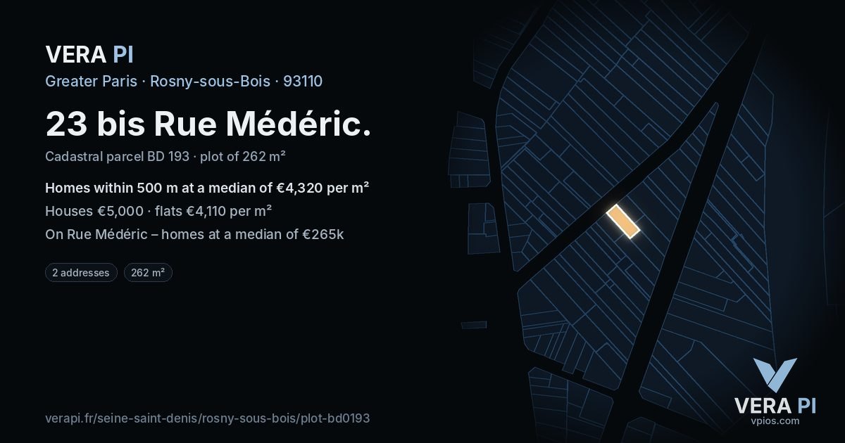 23 bis Rue Médéric, Rosny-sous-Bois at night – the plot lit, the parcels around coloured by the prices near them