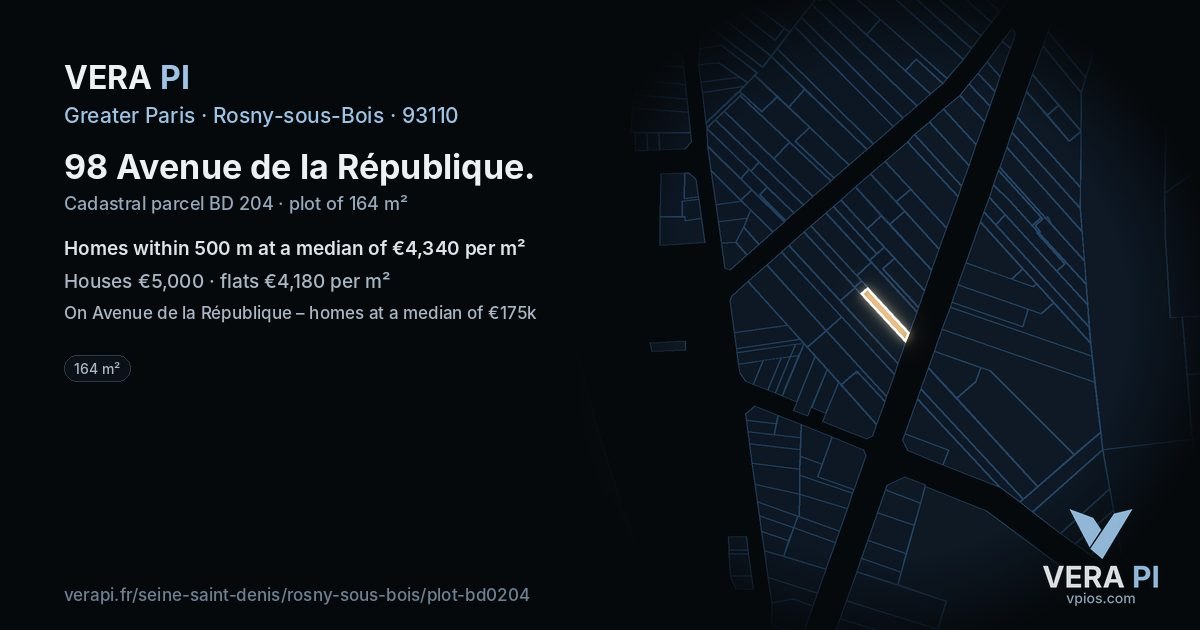 98 Avenue de la République, Rosny-sous-Bois at night – the plot lit, the parcels around coloured by the prices near them