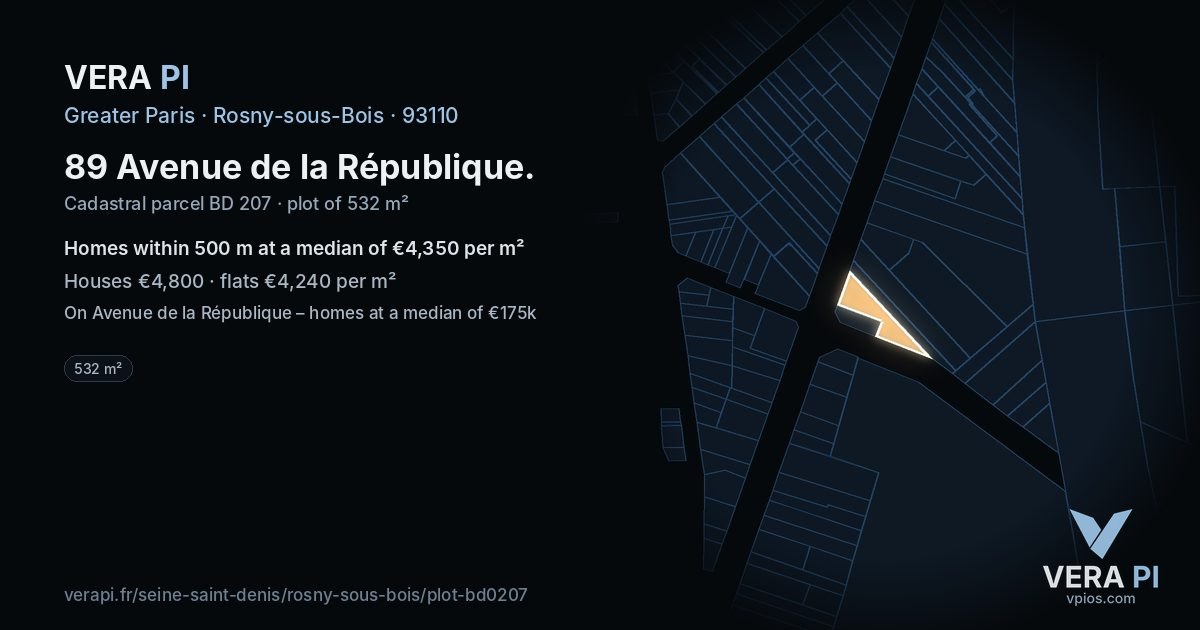 89 Avenue de la République, Rosny-sous-Bois at night – the plot lit, the parcels around coloured by the prices near them