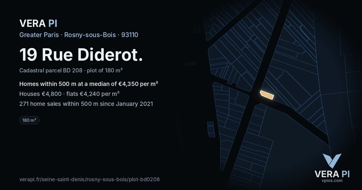 19 Rue Diderot, Rosny-sous-Bois at night – the plot lit, the parcels around coloured by the prices near them
