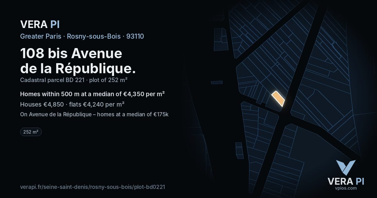 108 bis Avenue de la République, Rosny-sous-Bois at night – the plot lit, the parcels around coloured by the prices near them