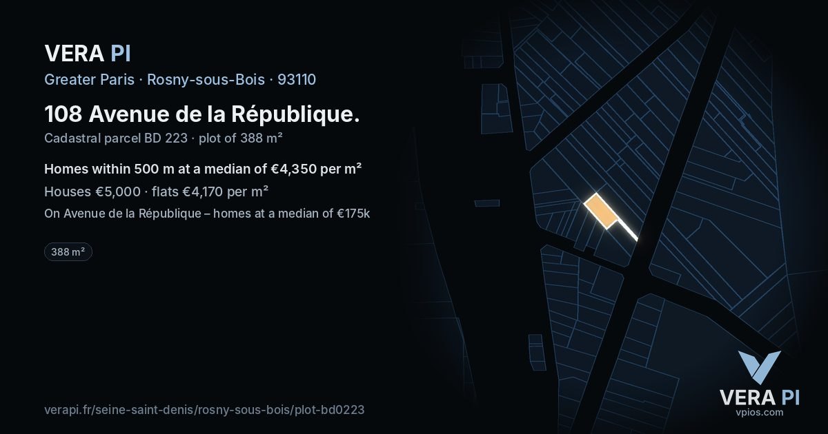 108 Avenue de la République, Rosny-sous-Bois at night – the plot lit, the parcels around coloured by the prices near them
