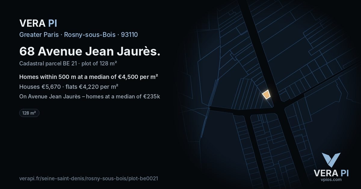 68 Avenue Jean Jaurès, Rosny-sous-Bois at night – the plot lit, the parcels around coloured by the prices near them