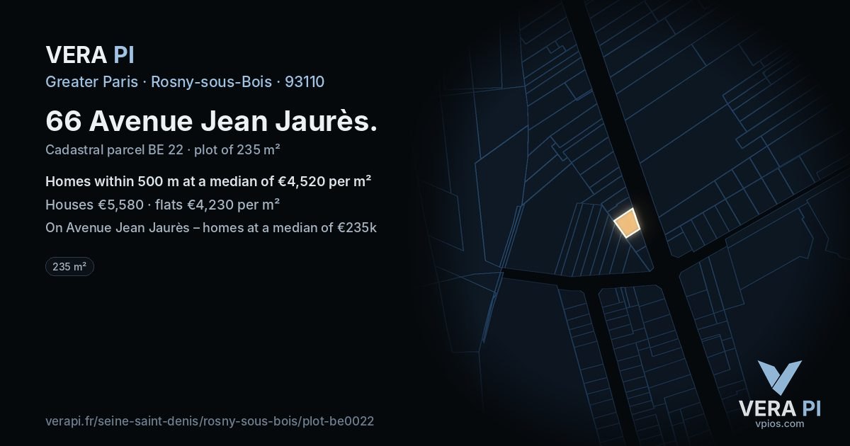 66 Avenue Jean Jaurès, Rosny-sous-Bois at night – the plot lit, the parcels around coloured by the prices near them