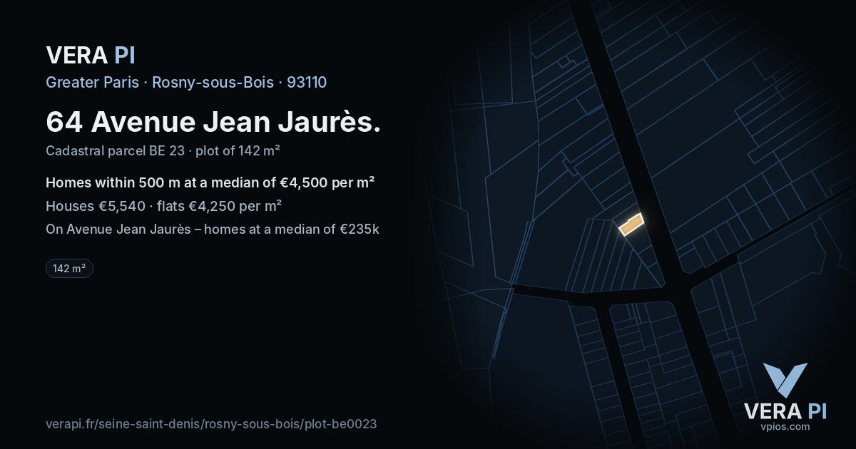 64 Avenue Jean Jaurès, Rosny-sous-Bois at night – the plot lit, the parcels around coloured by the prices near them