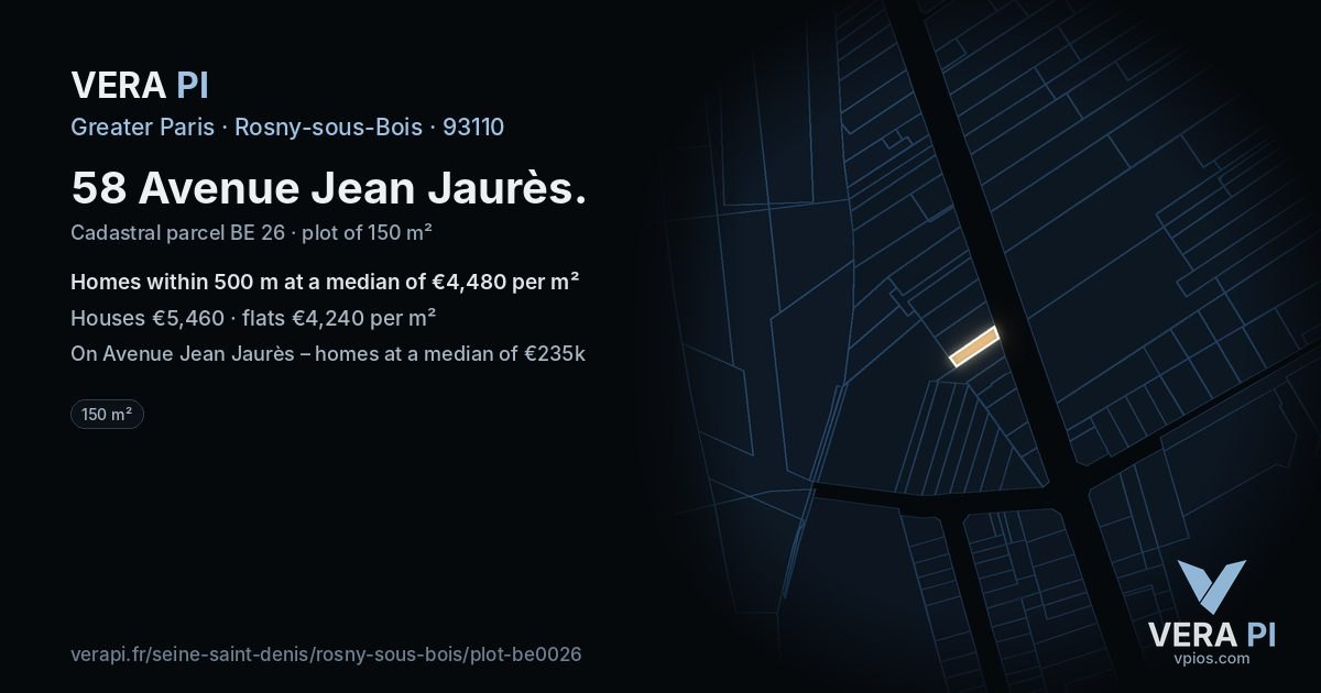 58 Avenue Jean Jaurès, Rosny-sous-Bois at night – the plot lit, the parcels around coloured by the prices near them