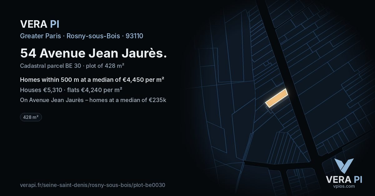 54 Avenue Jean Jaurès, Rosny-sous-Bois at night – the plot lit, the parcels around coloured by the prices near them