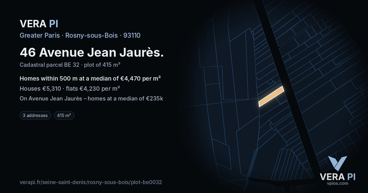 46 Avenue Jean Jaurès, Rosny-sous-Bois at night – the plot lit, the parcels around coloured by the prices near them
