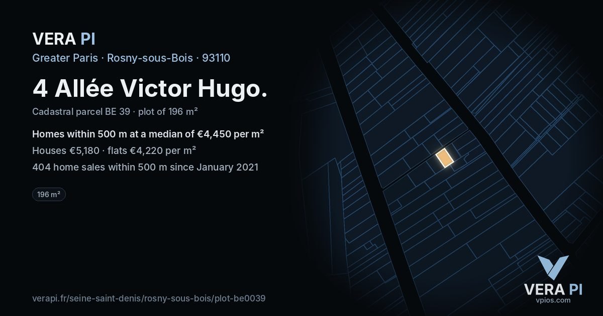 4 Allée Victor Hugo, Rosny-sous-Bois at night – the plot lit, the parcels around coloured by the prices near them