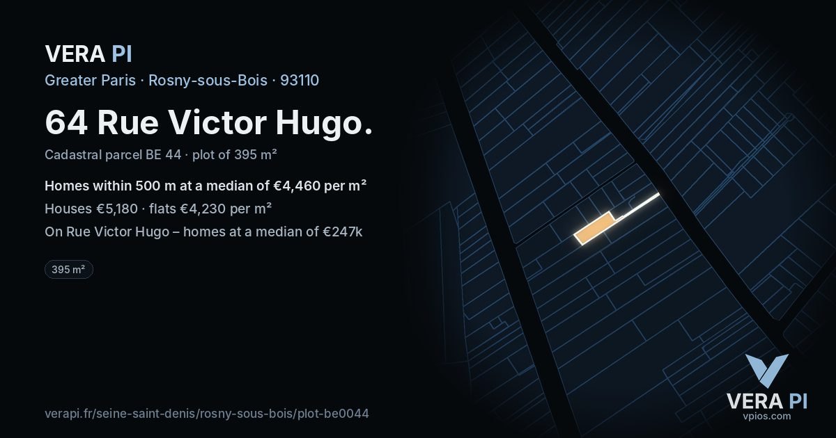 64 Rue Victor Hugo, Rosny-sous-Bois at night – the plot lit, the parcels around coloured by the prices near them