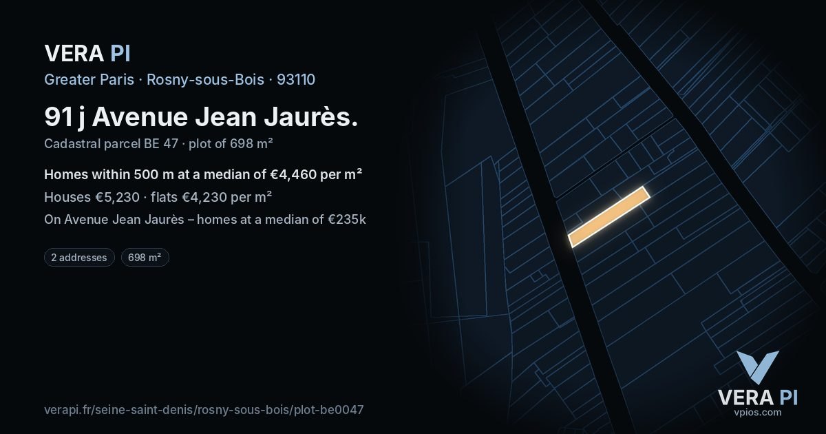 91 j Avenue Jean Jaurès, Rosny-sous-Bois at night – the plot lit, the parcels around coloured by the prices near them