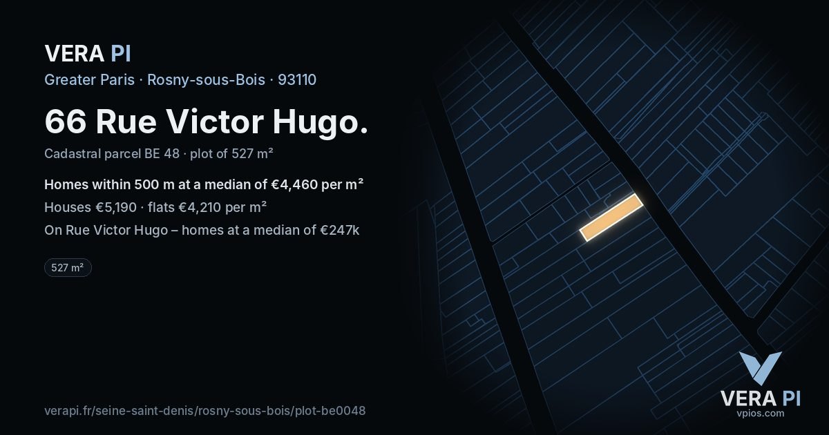 66 Rue Victor Hugo, Rosny-sous-Bois at night – the plot lit, the parcels around coloured by the prices near them