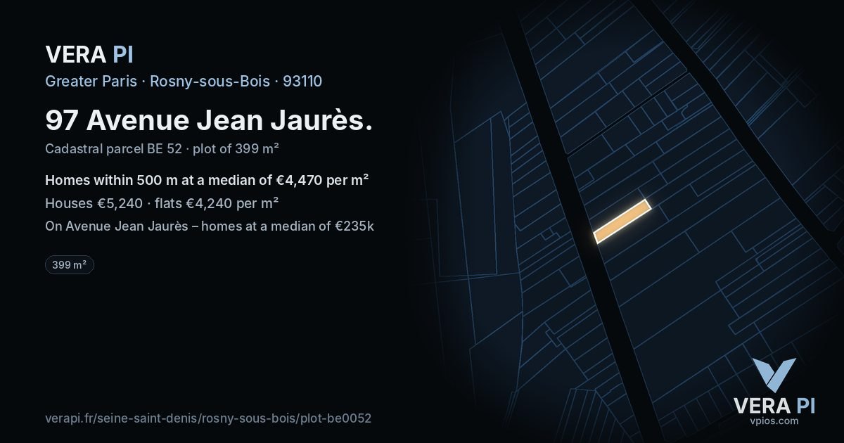 97 Avenue Jean Jaurès, Rosny-sous-Bois at night – the plot lit, the parcels around coloured by the prices near them
