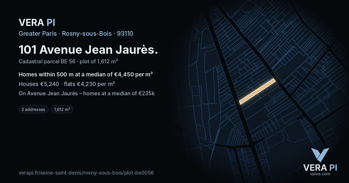 101 Avenue Jean Jaurès, Rosny-sous-Bois at night – the plot lit, the parcels around coloured by the prices near them
