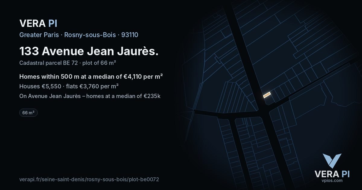 133 Avenue Jean Jaurès, Rosny-sous-Bois at night – the plot lit, the parcels around coloured by the prices near them