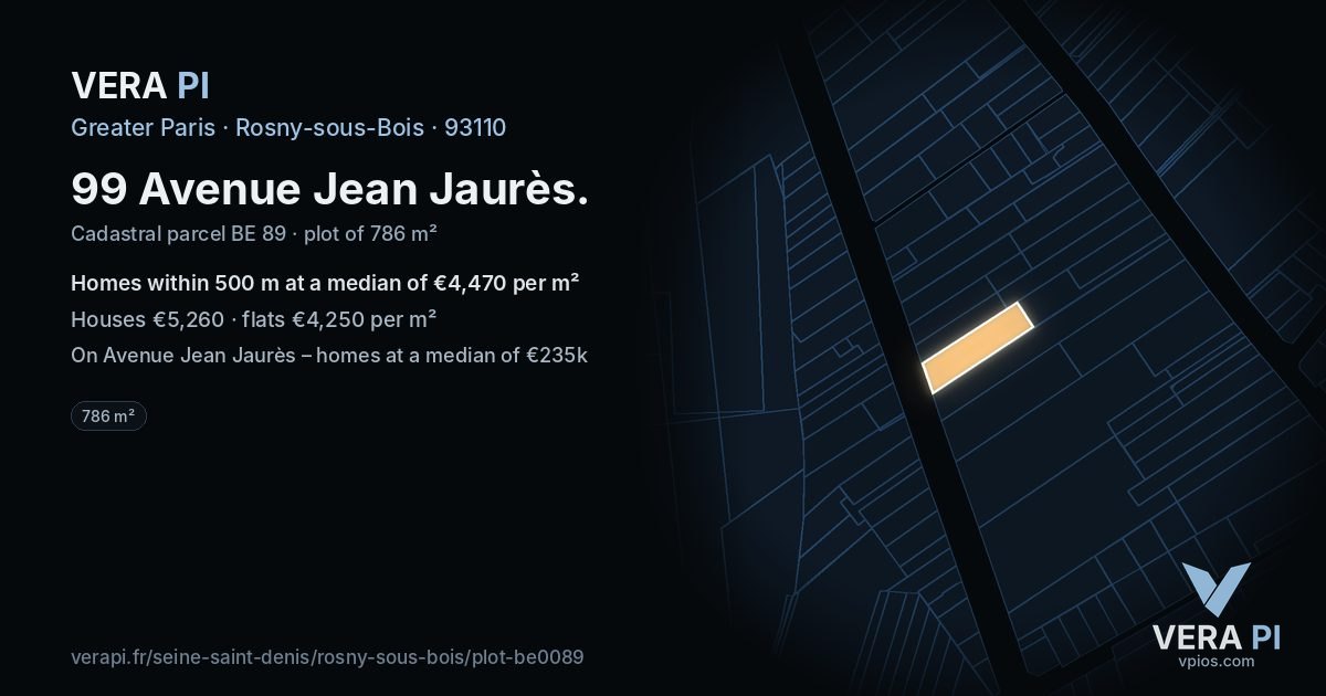 99 Avenue Jean Jaurès, Rosny-sous-Bois at night – the plot lit, the parcels around coloured by the prices near them