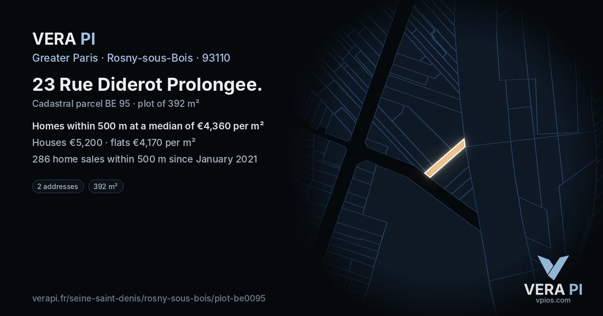 23 Rue Diderot Prolongee, Rosny-sous-Bois at night – the plot lit, the parcels around coloured by the prices near them