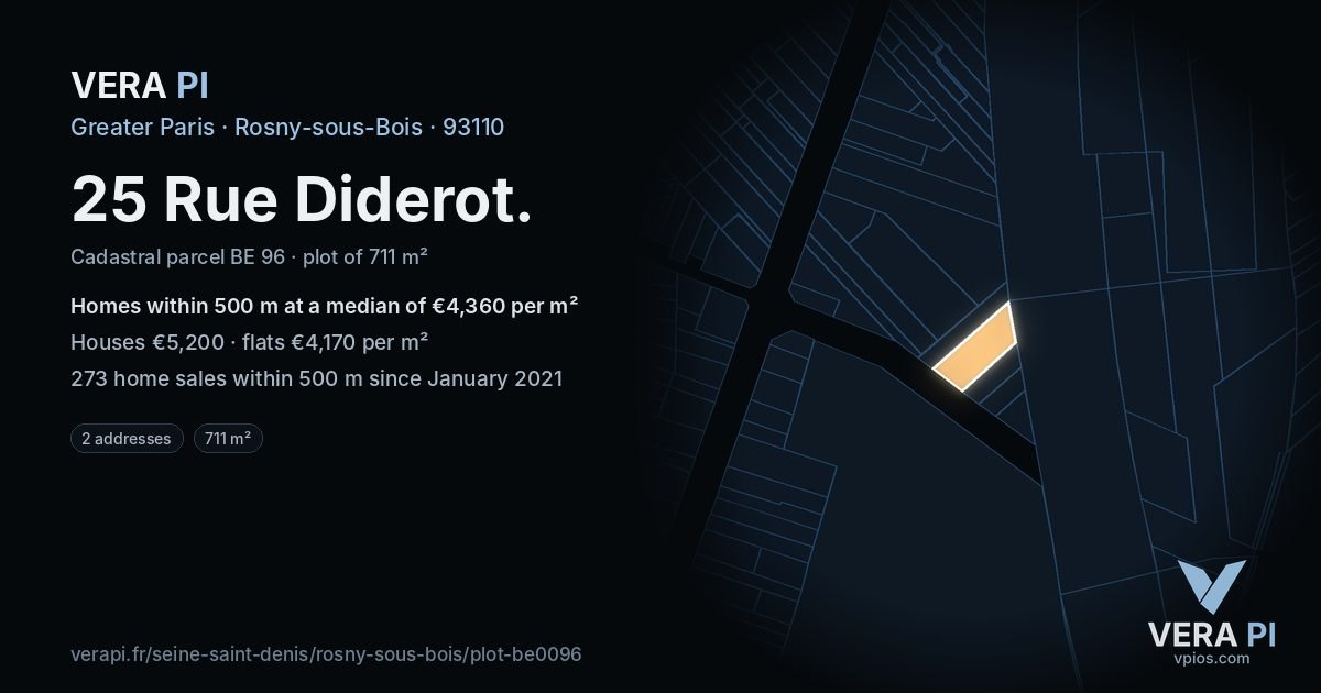 25 Rue Diderot, Rosny-sous-Bois at night – the plot lit, the parcels around coloured by the prices near them